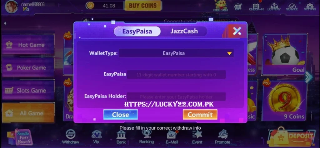 Lucky 22 Game withdrawal
